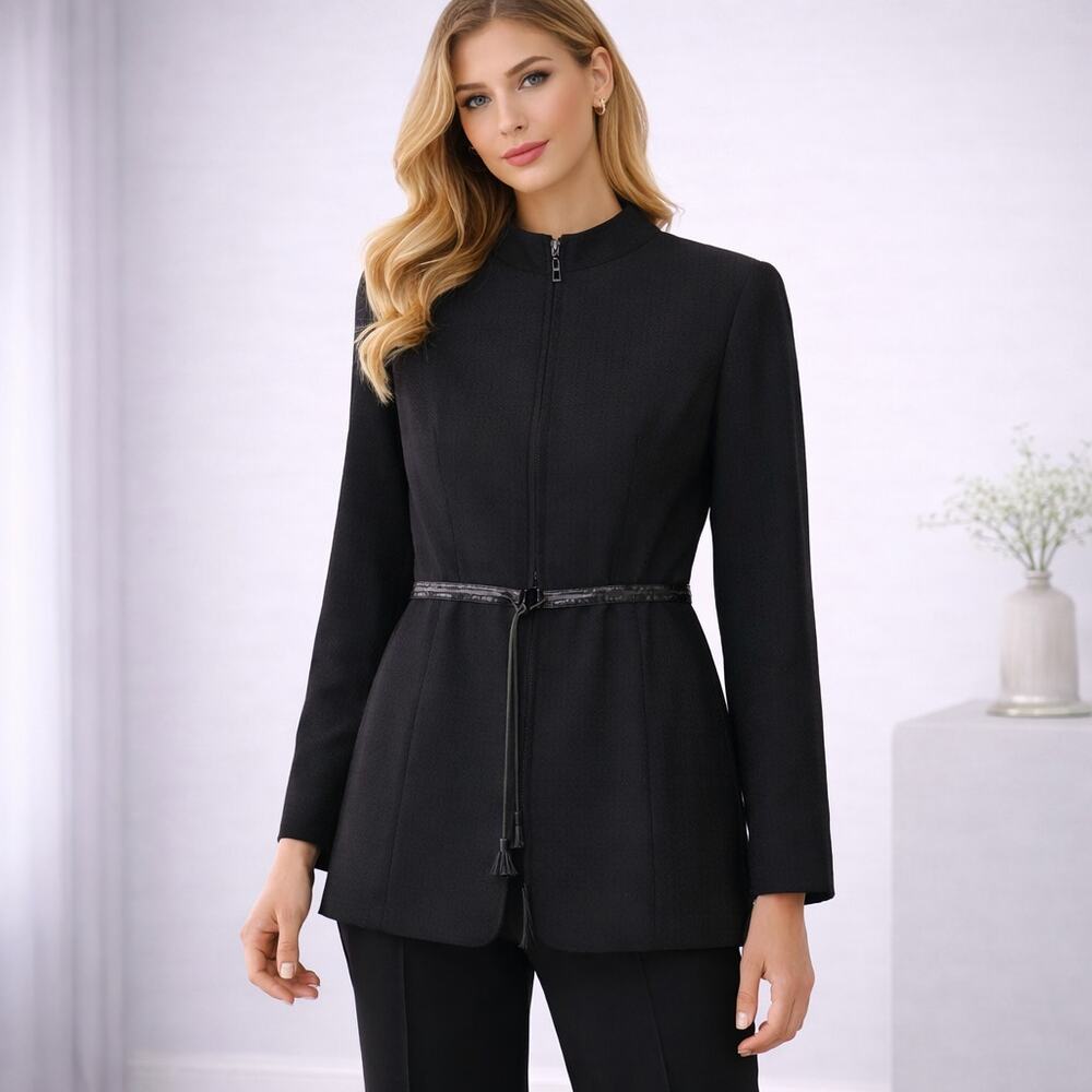 Charles Chang-Lima‎ Black Wool Blazer Leather Tie Waist Size 12